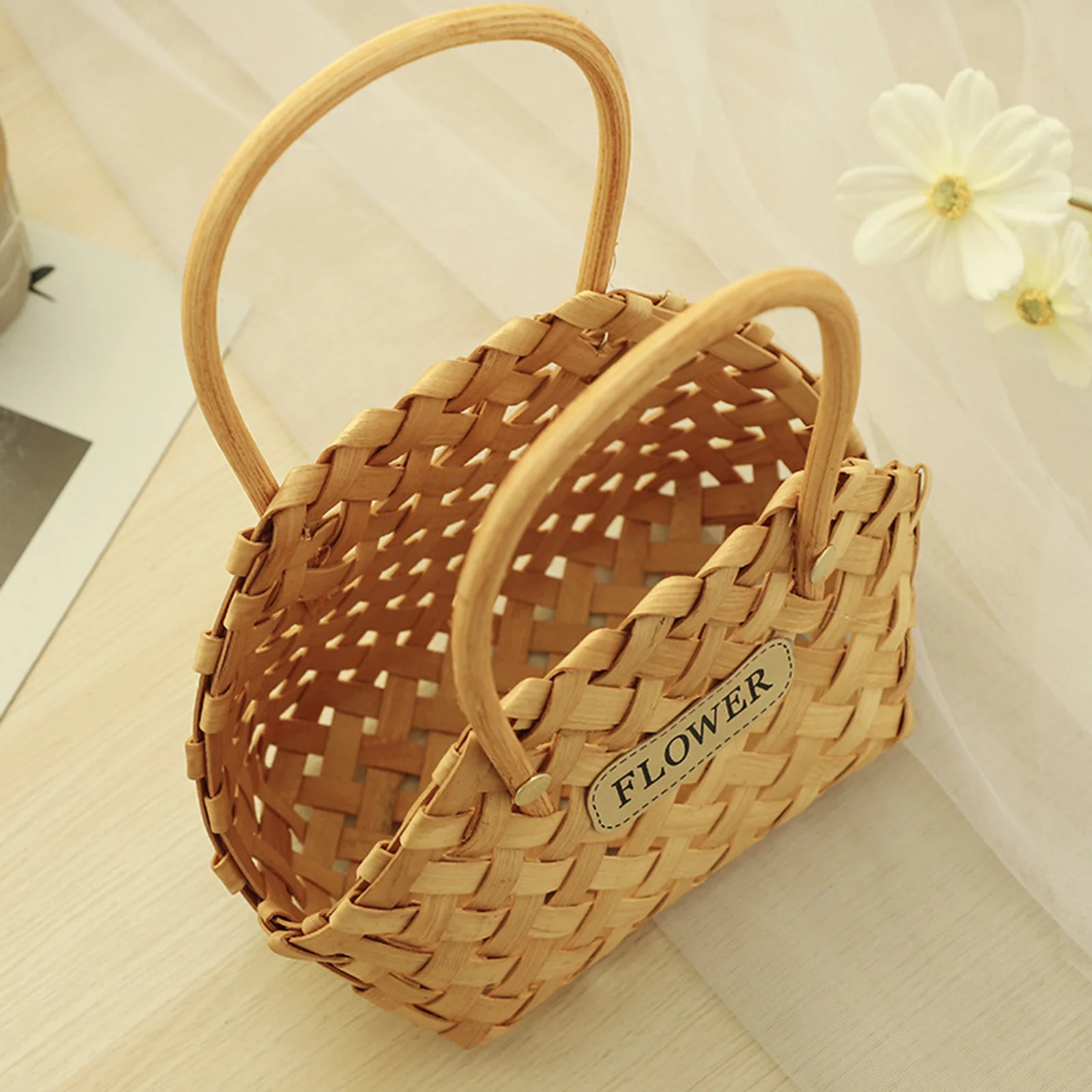 Hand Woven Flower Basket Wooden Woven Basket for Storage Wood Chip Picnic Basket Gift Basket Empty to Fill for Pantry Wedding Flower Closet Brown