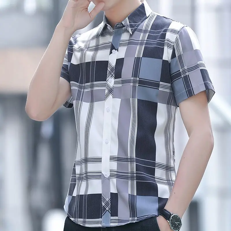 Short Sleeve Men's Shirt and Blouse Business Striped with Pocket Male Top Fashion 2023 Casual Collar Asia Luxury Button Clothes