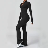 VITALINOVO Women Long Sleeve Flare Workout Jumpsuit Zip Up Romper Bottom Pants Wide Leg Full Length Bodysuit Bodycon One Piece - Image 2