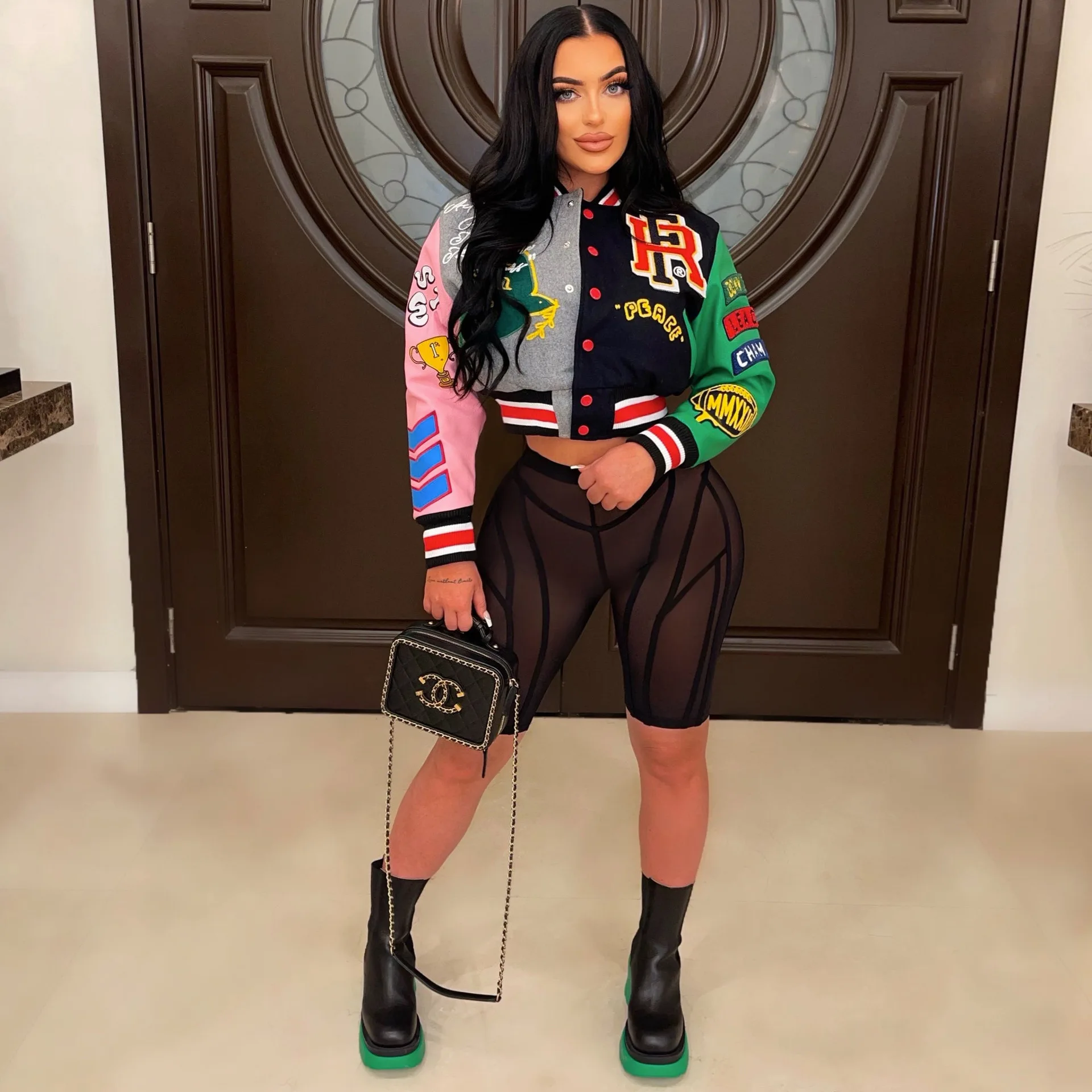 

Women's Spring Summer 2023 Fashion Printed Round Neck Rib Color Block Button Baseball Uniform Varsity Bomber Jacket