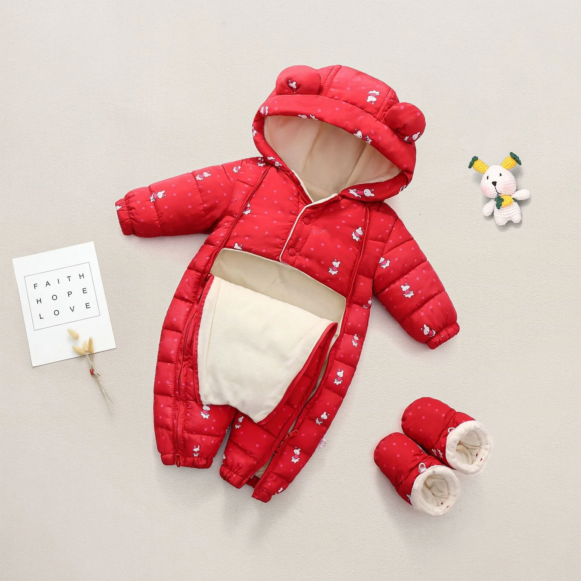 New born Baby Winter Hooded Plus Velvet Jumpsuit Boy Toddler SnowSuit Girl Cotton Overalls Rompers Flannel