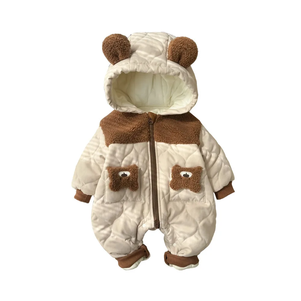 UNIFEMEN Baby Boys Winter Bodysuit Stylish Fleece Color Blocked Teddy Bear Infant Boys Jumpsuit Toddler Hooded Rompers