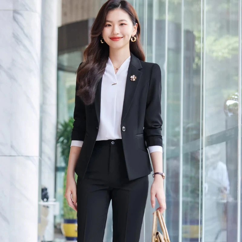 

Black Pant Suits For Women 2023 New Navy Blue Professional Formal Office Lady Work Wear Chic Slim Blazer And Trouser 2 Piece Set
