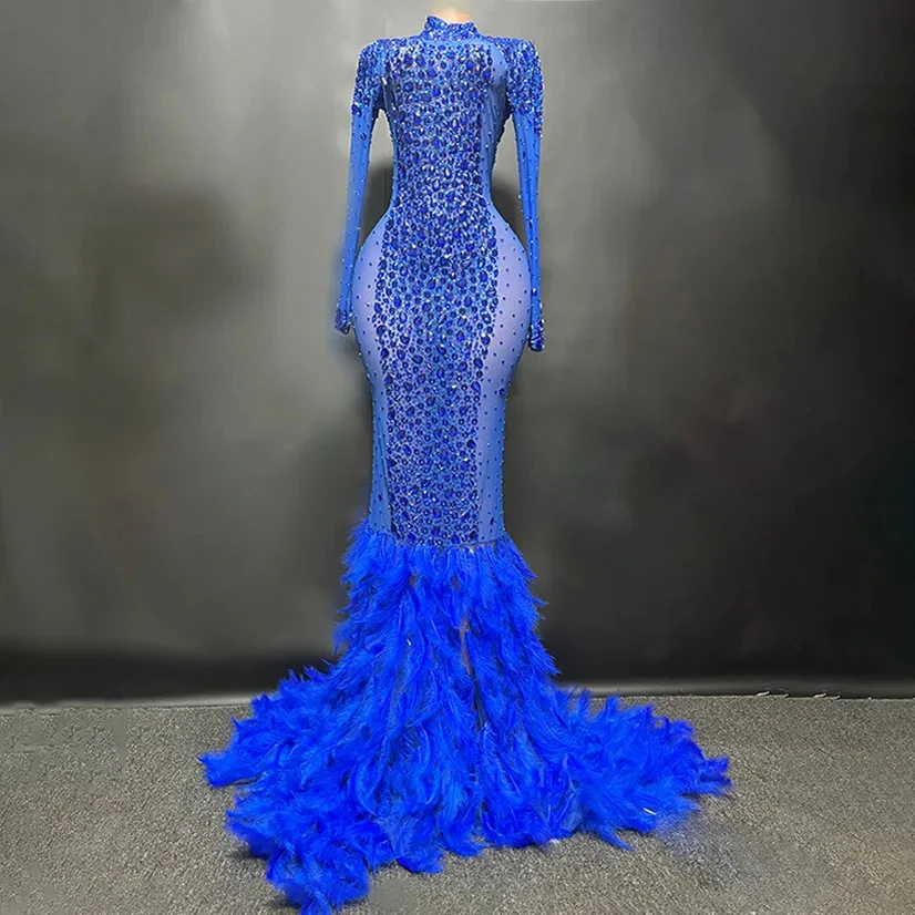 Stock Luxury Hand Made Shiny Crystal Diamond Stretch Tight Feather Long  Dress Empress Cross Prom Gown Performance Costume Robes - AliExpress  200000345