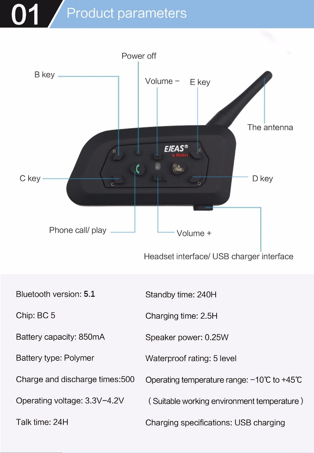 Ejeas v6 pro + motorrad intercom helm bluetooth headset 6 fahrer 800m kommunikator wasserdicht v 5,1 musik player sprechanlage – Detail 40