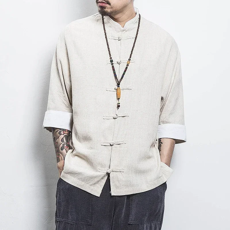 Summer Crane Embroidery Top Traditional Chinese Clothing chinese dress martial arts clothing For Men Vintage Half Sleeve Linen Shirts Madarin Collar Hanfu Kungfu
