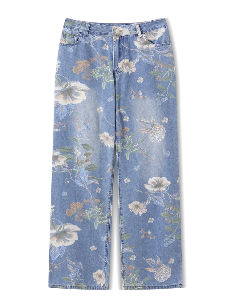 Pantalon en jean imprimé Floral pour femmes, taille moyenne, ample, jambes larges, Streetwear
