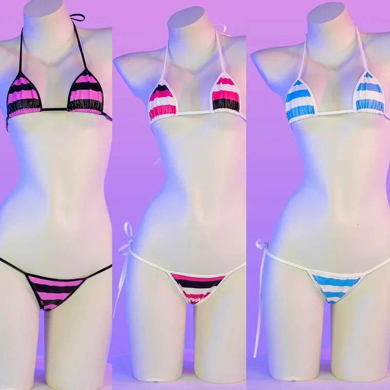Bikini Set Bikini Swimsuit Women Swimwear Sexy Underwear Summer PU Leather Micro Bikini Set Women Swimsuit Stripes Bright Anime Swimwear Erotic Underwear Sexy Lingerie Costume