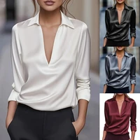 Women's Elegant Dressy Satin Work Shirt Plain Modern Casual Long Sleeve Shirt Collar Regular Tops - Image 5