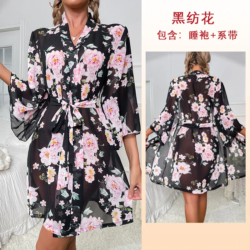 Summer Kimono Bathrobe Bride Wedding V-Neck Sleepwear Bath Gown Homewear Women Print Robe Nightwear Home Dress Loungewear