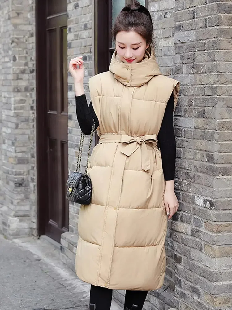 Vielleicht New Long Winter Cotton Vest  Jacket Women Warm Coat Hooded Zipper Sleeveless Overcoat Loose Bow Tie Sashes Waistcoat