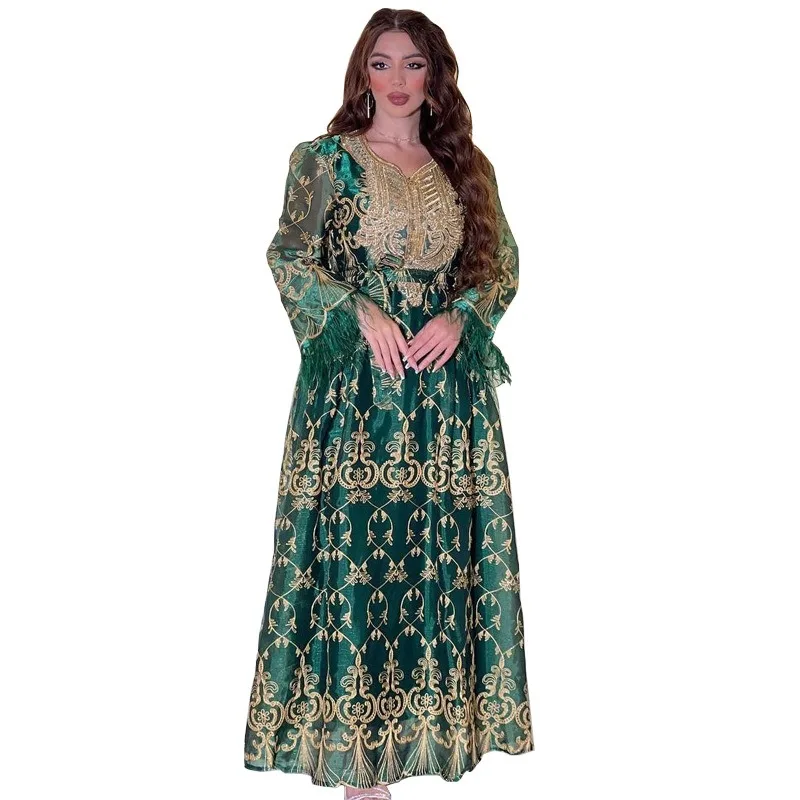 Arab Dubai Women's Dress Golden Embroidery Gorgeous Jalabiya Djellaba Muslim Evening Dress long dresses  prom dress