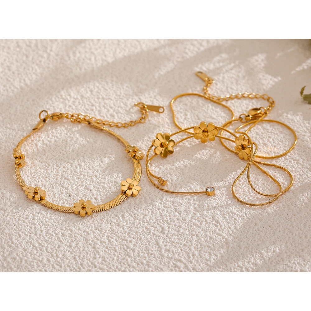 Yhpup Fashion Stainless Steel Metal Flower Chain Necklace Bracelet 18K Gold Color PVD Plated Waterproof Charm Jewelry Gift 6