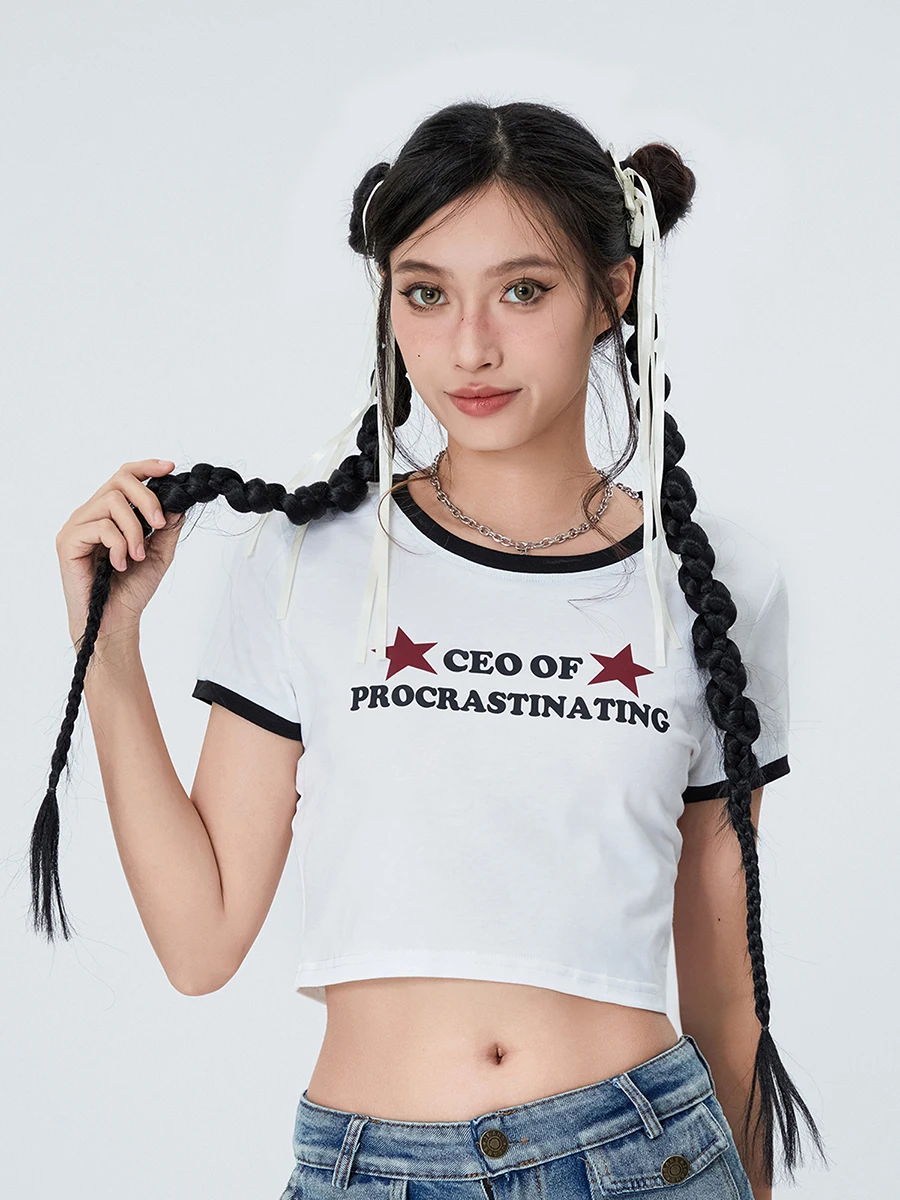 

Топ женский летний с коротким рукавом, Модный облегающий укороченный топ с круглым вырезом и надписью, приятный для кожи, S M L