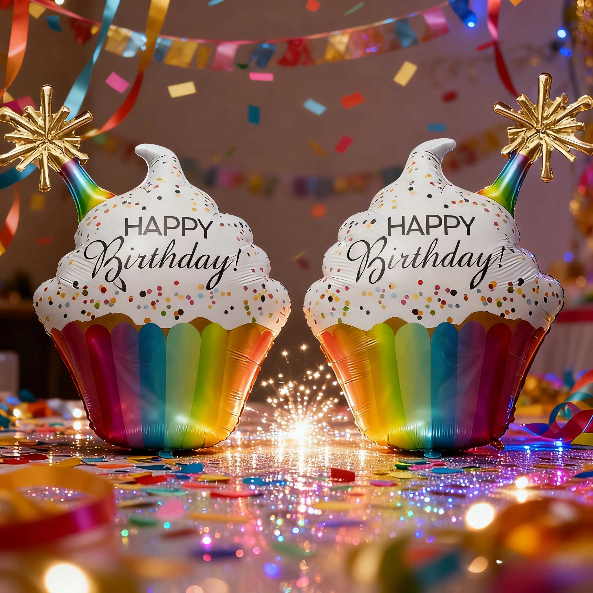 2 Stücke Alles Gute Zum Geburtstag Regenbogen Pappbecher Kuchen Geformt Aluminiumfolie Ballon Geburtstag Party Dekoration – Detail 5
