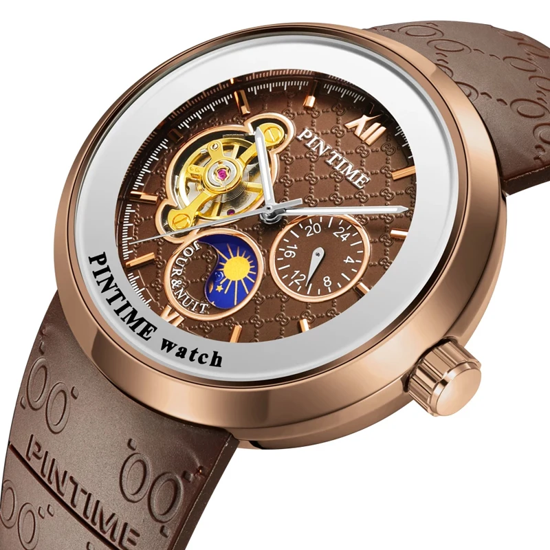 PINTIME Automatic Watch Self Winding Mechanical Wristwatch Men SIlicone Strap Fashion Business Clock Relogio Masculine Male Gift