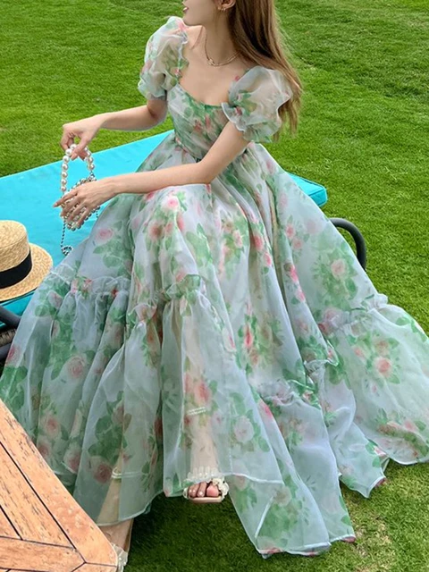 Summer Chiffon Elegant Kawaii Dress Women Floral Print Sweet Princess  Casual Midi Dress Female Puff Sleeve Party Holiday Dress - Dresses -  AliExpress