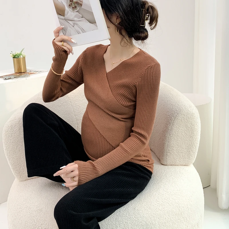 625# Autumn Winter Across V Neck Knitted Maternity Nursing Sweaters Slim Hot Breastfeeding Shirt Pregnancy Breast Feeding Tops