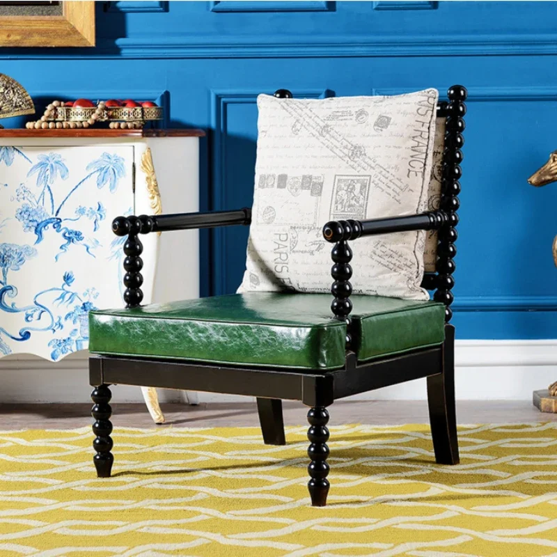 

Rural neoclassical leisure chair, wooden sofa linen leather art single person