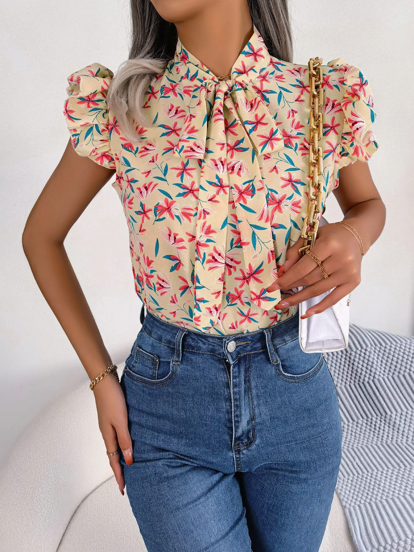 

Casual V Neck Short Sleeve Shirt Blouse Office Lady Spring Summer Fashion Elegant Floral Print Lace Up Shirts For Women 2023