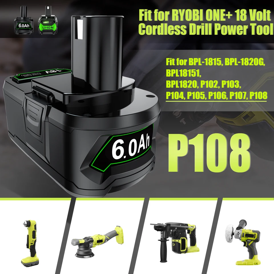 2-Pack 18V 6000mAh Replacement Batteries For Ryobi ONE+ Tools – Fits P102, P103, P104, P105, P107, P108, P109 & More