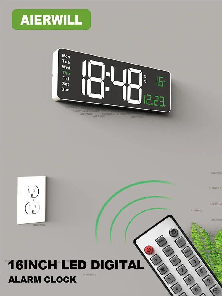 

Aierwill N6 Digital Wall Clock 16inch Large Alarm Clock Remote Control Date Week Temperature Clock Dual Alarms LED Display Clock