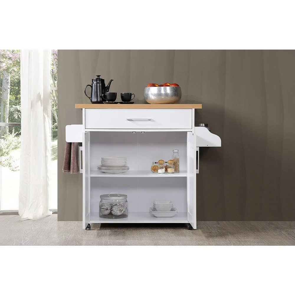 

Kitchen island with spice rack, towel rack and drawers, white with beech top, 15.5 x 35.5-44.9 x 35.2 inches