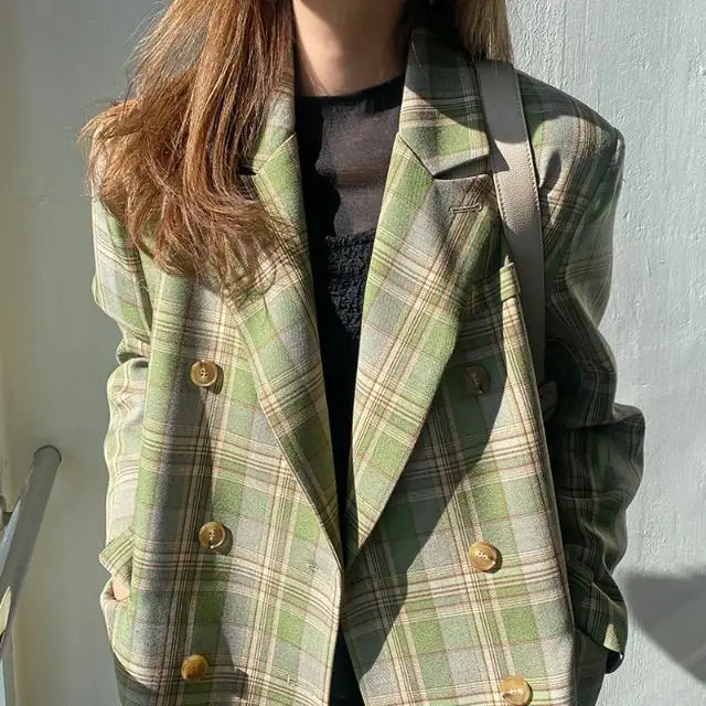 Vintage Loose Women Jacket Plaid Blazer Autumn Chic Double Breasted Female Long Suit Jackets Stylish Ladies Blazer