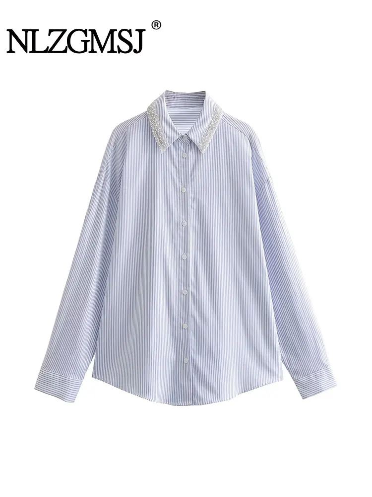 

Nlzgmsj TRAF 2023 New Summer Women Versatile Lapel With Ball embellishments Long-sleeved Loose Vertical stripe Shirt Top