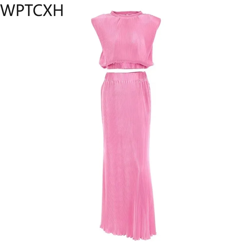 

2024 Spring Suits Summer Long Women Dress Short Sleeve Dress Casual Ethos Pleated Twopiece Padded Shoulder Vest Skirt Suit Skirt