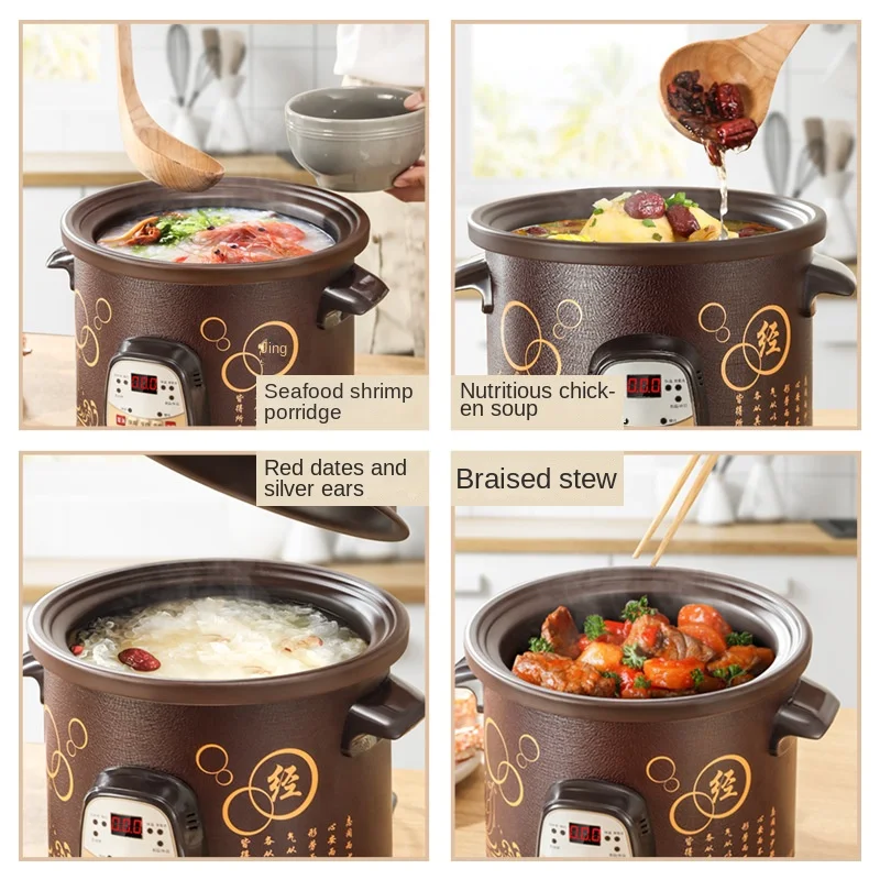 Electric Cooking Pot 220V Intelligent Ceramic Slow Cooker with Automatic Function for Home Purple Clay Pot for Stewing Soup and Braising Meat