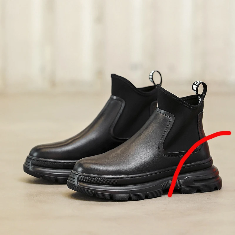 thumbnail image 1 of Botines elásticos para hombre, zapatos forrados de piel, zapatillas de deporte Chelsea con punta redonda y retales, zapatillas altas, botas gruesas con aumento de altura, 1 of 5