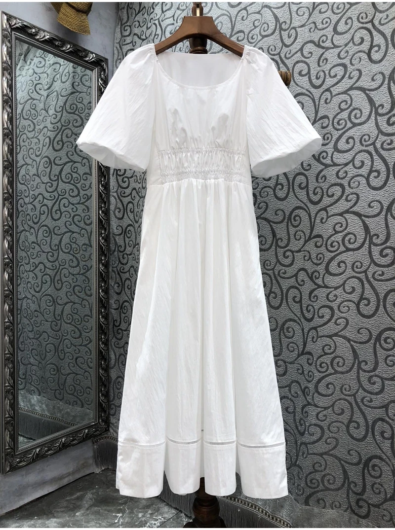 

High Quality Cotton Dress 2023 Summer Ladies O-Neck Elastic Waist Short Sleeve Slim Fit A-Line Casual White Black Elegant Dress