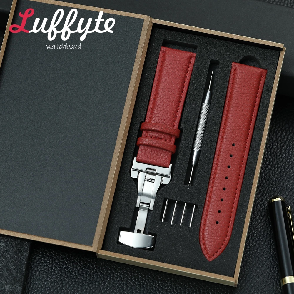 Litchi Grain Leather Watchband with Gift Box - Fashionable Business Watch Strap with Butterfly Buckle