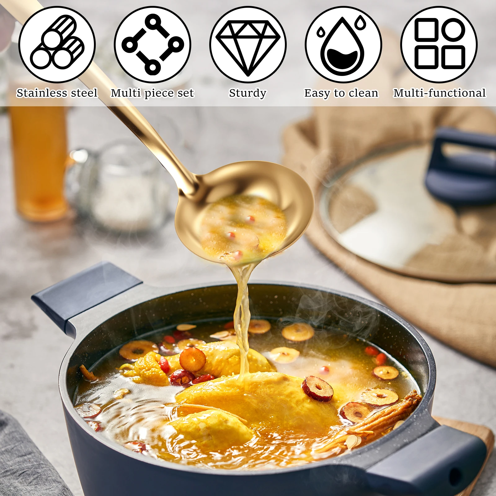 6pcs Kitchen Utensil Set Stainless Steel Spoon and Spatula Set Cooking Utensils Set with Hanging Hole for Nonstick Pans Cookware