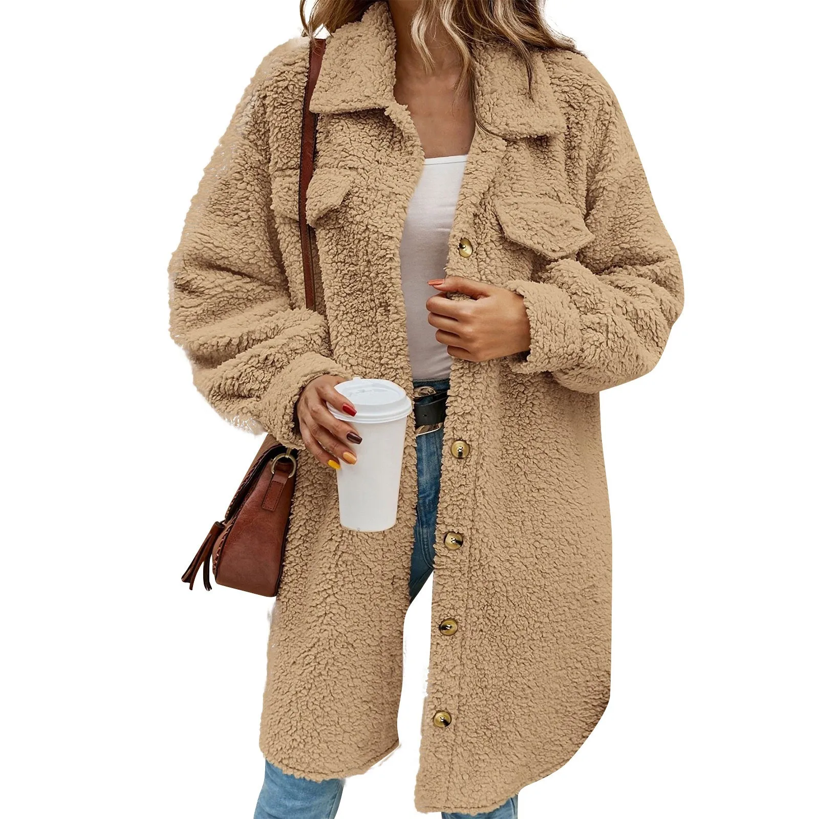 

Winter Teddy Bear Coat Women's Plush Warm Faux Fur Coat Mid-length 2023 New Female Lapel Button Outwear Ladies Clothes