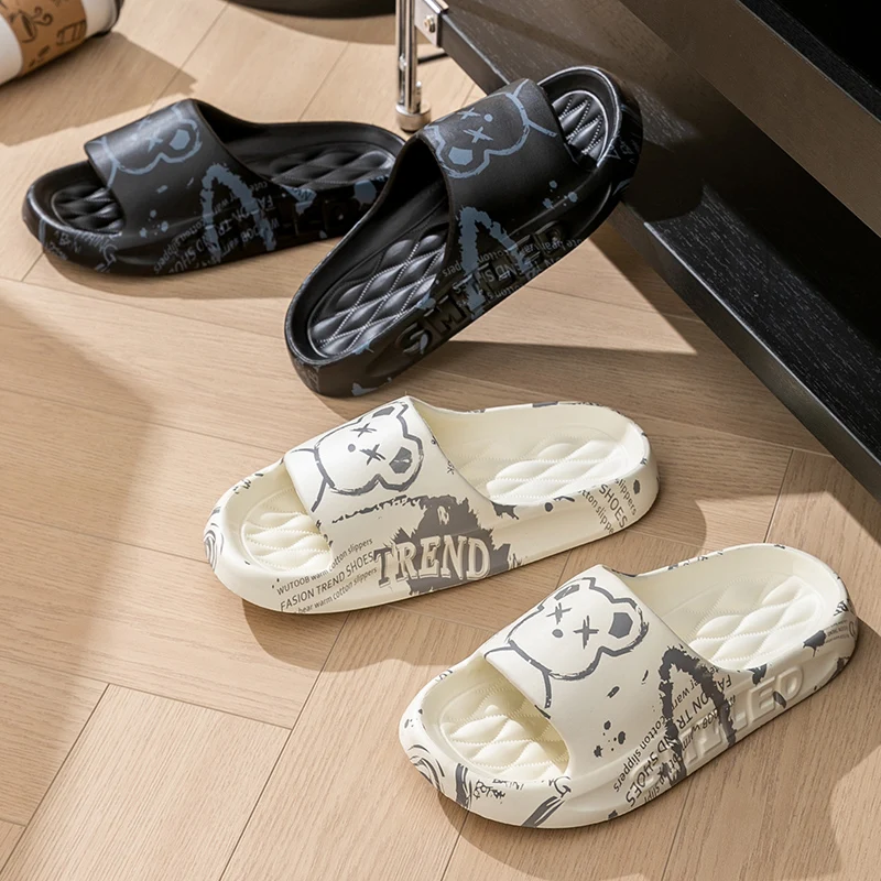 Fashion Summer Cartoon Bear Men Home Shoes Gent Non-slip Soft Indoor Slides Lithe Cosy Sandals Couple Slippers Women Flip Flops flip flops cushioned slippers eva slippers summer slippers house shoes summer sandals
