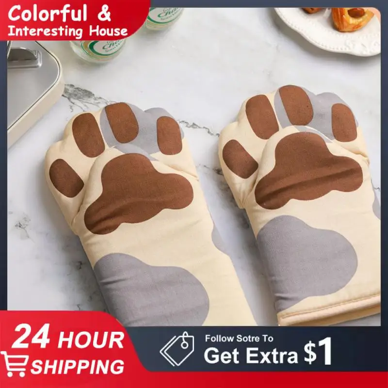 Oven Mitts Non-slip Cotton Cute Cat Paws For Barbecue Cooking Baking Baking Supplies Oven Glove Long Heat Insulation Insulation