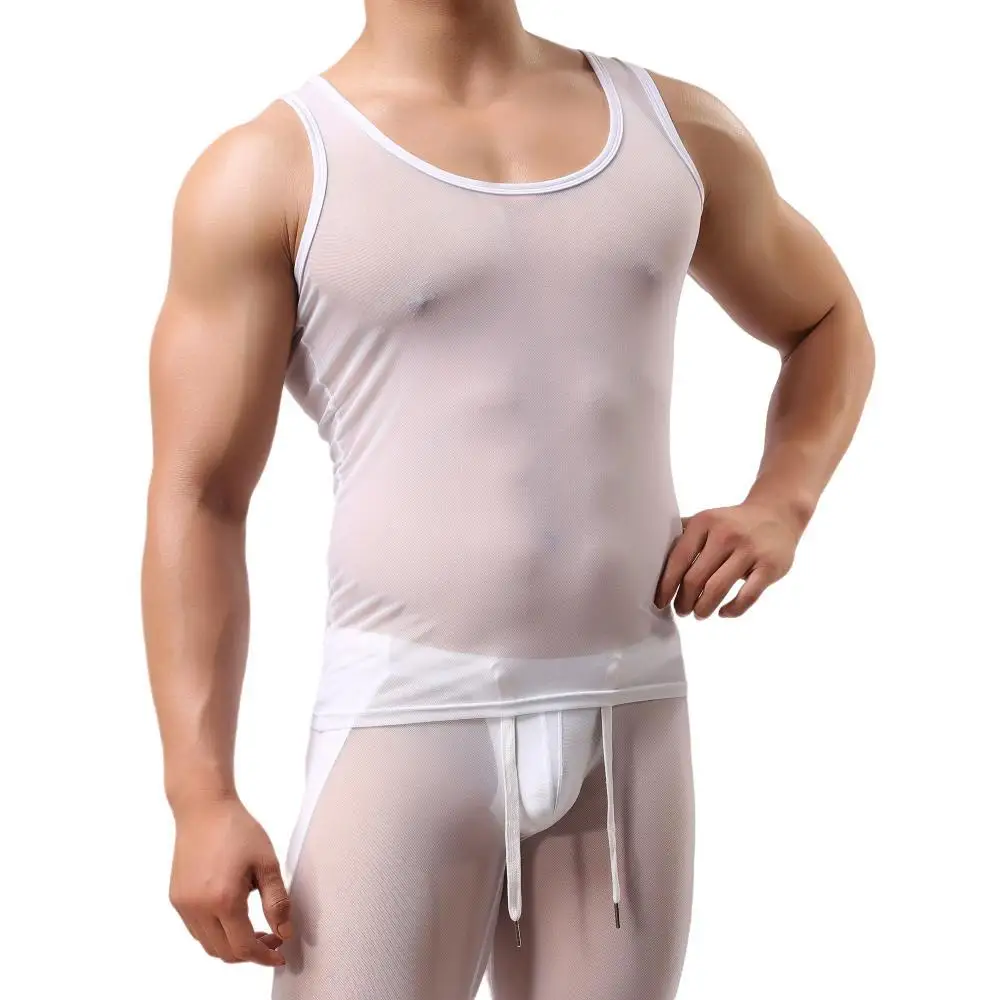 Men Mesh T Shirt Transparent Undershirt Mens Tank Tops See-Through Sleeveless Shirt Sexy Men Singlets Bodybuilding Fitness Mesh Vest