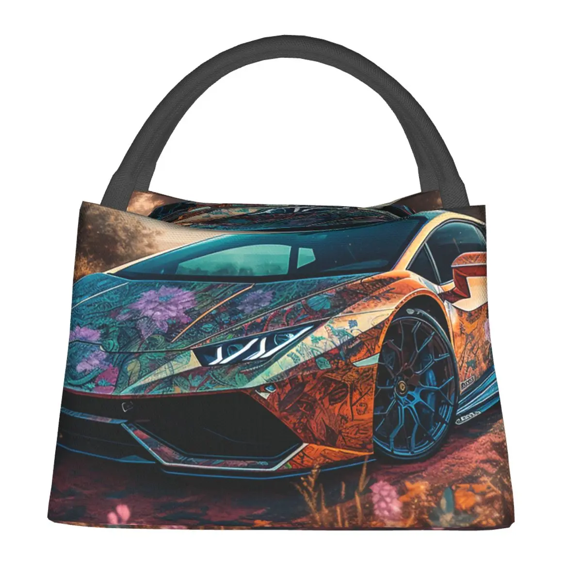 

Noble Sports Car Lunch Bag Neon Colorful Painting Retro Lunch Box Travel Thermal Tote Handbags For Men Oxford Graphic Cooler Bag