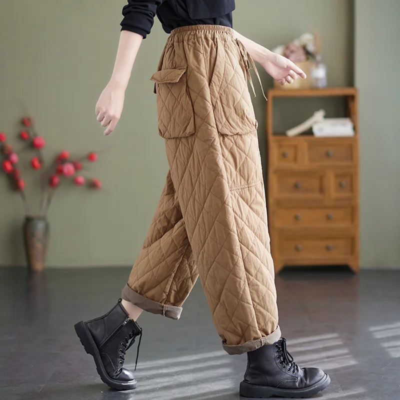 Women Winter Warm Down Cotton Pants Thick Warm Padded Quilted Trousers Elastic Waist Pantalones Casual Loose Straight Trousers