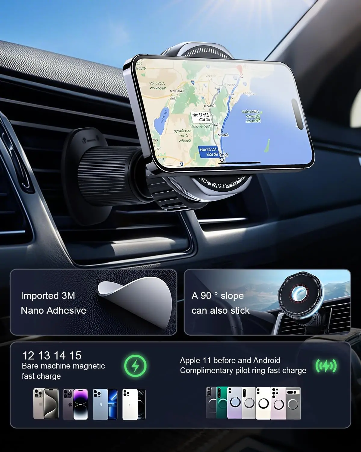 15W Wireless Car Charger Mount Air Vent Magnetic Mount for iPhone 16 Pro Max 15 14 13 12 & Samsung 360°Rotation Car Phone Holder