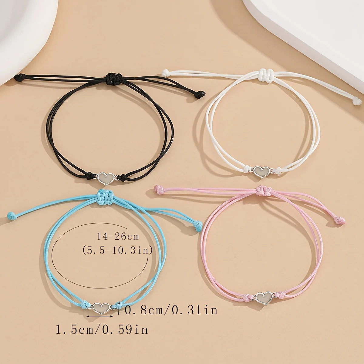 4-piece set Glow-in-the-dark Heart-shaped Accessories Good Sister Bracelets Hand-woven Waxed Cord Wristbands