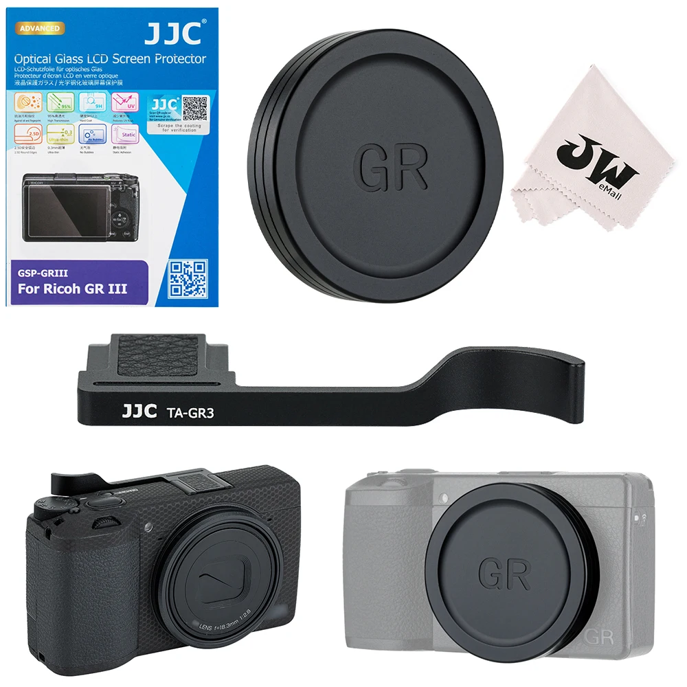 JJC 4 in1 Cameras accessories Kit for Ricoh GR III GR3 GRIIIX GR3X Camera Screen Protector+Thumbs Grip+Lens Cap