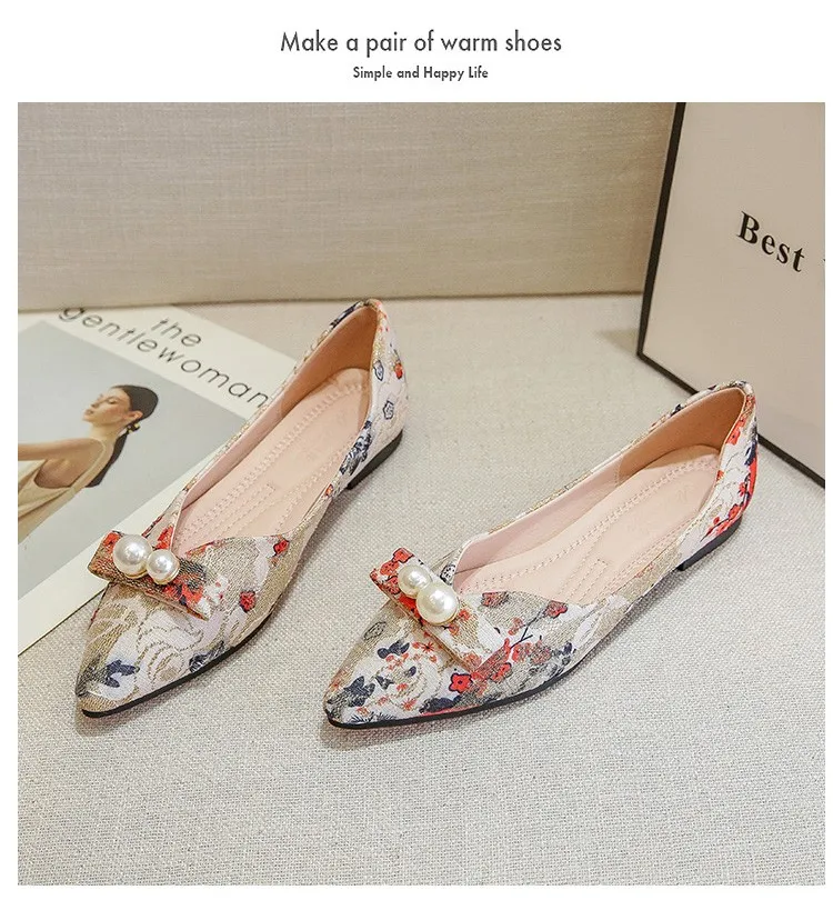 New Women Flats Ladies Shoes Pointed Single Shoe Pearl Flat Zapatos De Mujer Soft Sole Comfortable Women's Shoes Loafers Size 45