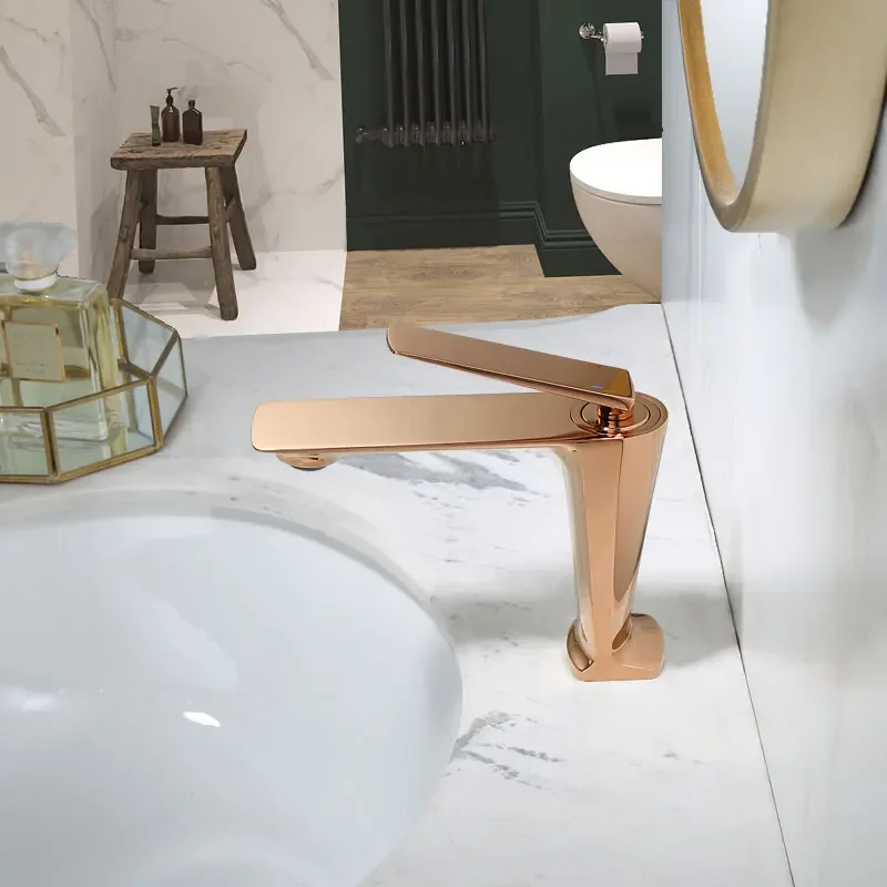 Bathroom Faucet Rose Gold Basin Cold And Hot Water Mixer Sink Tap Single Handle Deck Mounted Brushed Gold Tap