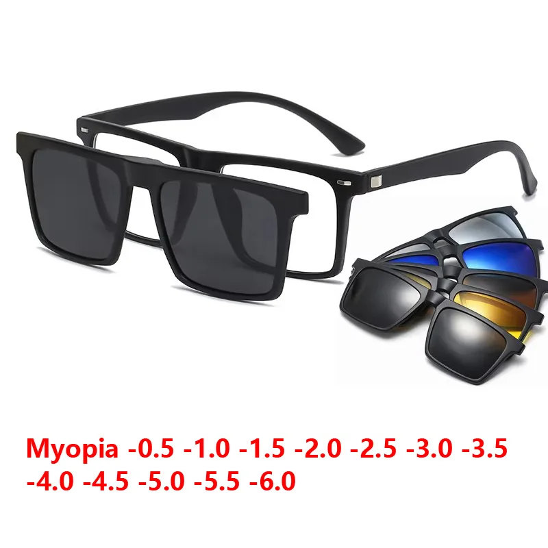 Myopie Polarisierte Magnet Sonnenbrille Frauen Männer Clip Auf Gläser Quadratische Optik Spektakel 6 In 1 Brillen Rahmen -0,5 BIS -10