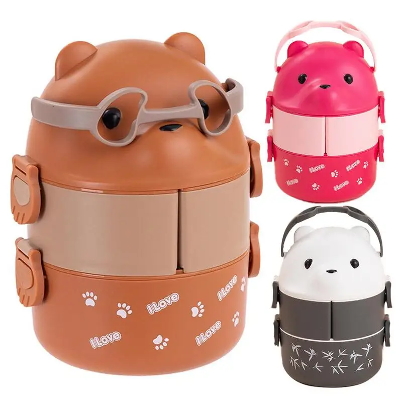 

Stackable Food Box Portable Cute Cartoon Children Lunch Box Leak Proof Large Capacity Eyeglass Bear Food Box Double Layer Box