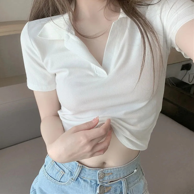 V-neck Short Sleeved T-shirt for Women Summer Casual Versatile Slim Fit Polo Neck Top