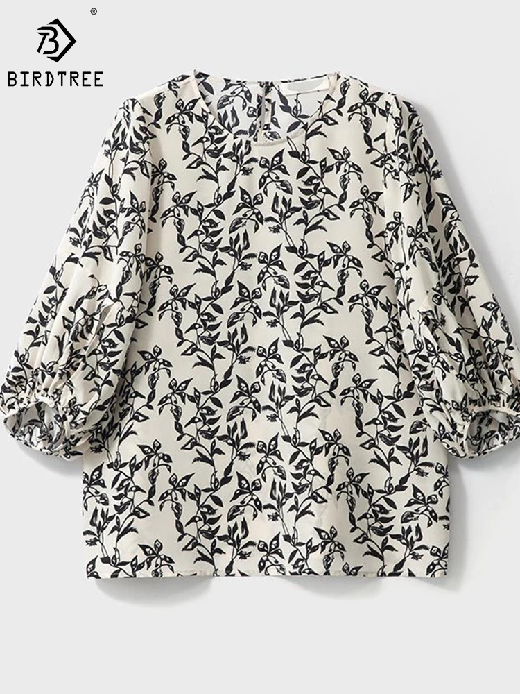 

Birdtree 100%Mulberry Silk Crepe De Chine Print T-shirt Loose Balloon Sleeves Crewneck Cropped Sleeves Commute Tees T39202QD